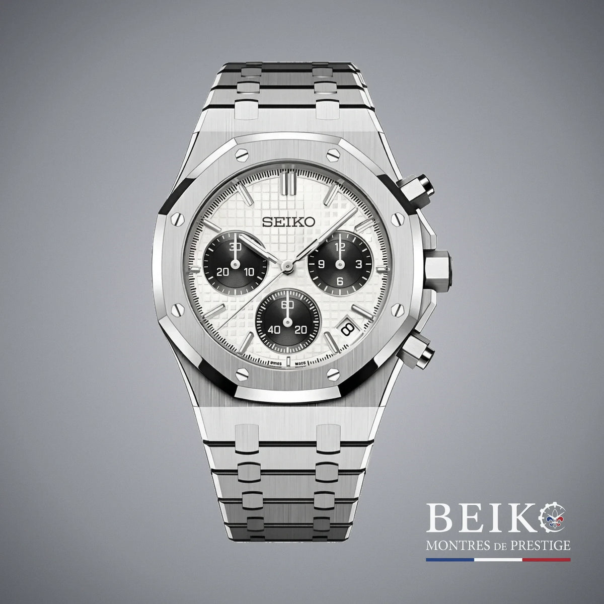 Seiko Mod chronographe cadran panda compteurs noirs blanc panda — montre automatique NH35, verre saphir, boîtier acier, Beiko