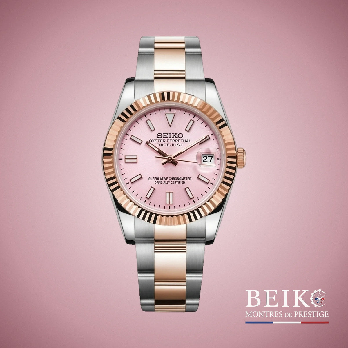 Seiko Mod Datejust, boîtier bicolore rose — montre automatique NH35, verre saphir, boîtier acier, Beiko