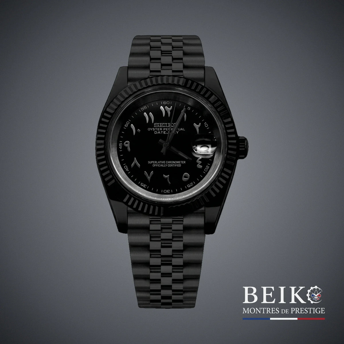 Seiko Mod Datejust, boîtier noir chiffres arabes noir — montre automatique NH35, verre saphir, boîtier acier, Beiko