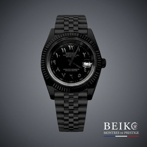 Seiko Mod Datejust, boîtier noir chiffres arabes noir — montre automatique NH35, verre saphir, boîtier acier, Beiko