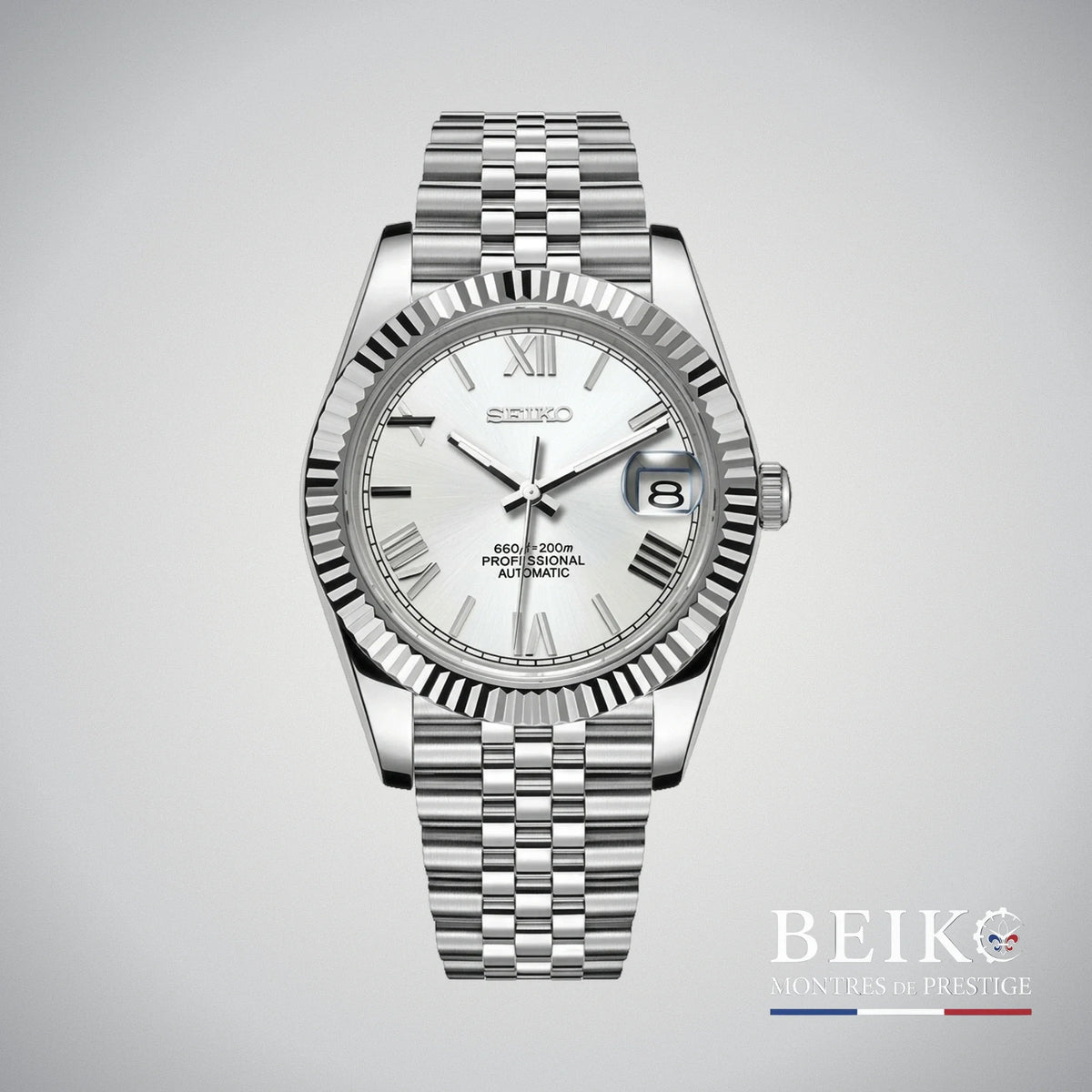 Seiko Mod Datejust, chiffres romains blanc — montre automatique japonais NH35, verre saphir, boîtier acier, Beiko