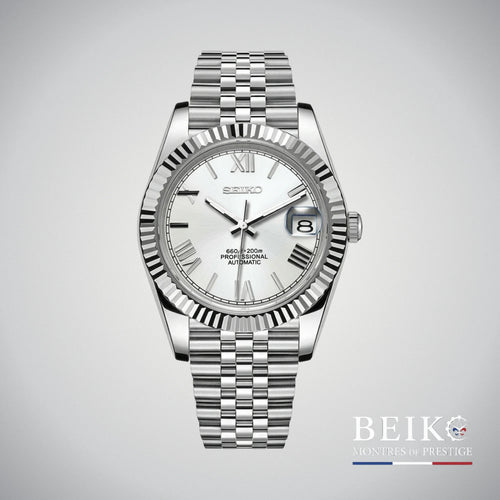 Seiko Mod Datejust, chiffres romains blanc — montre automatique japonais NH35, verre saphir, boîtier acier, Beiko