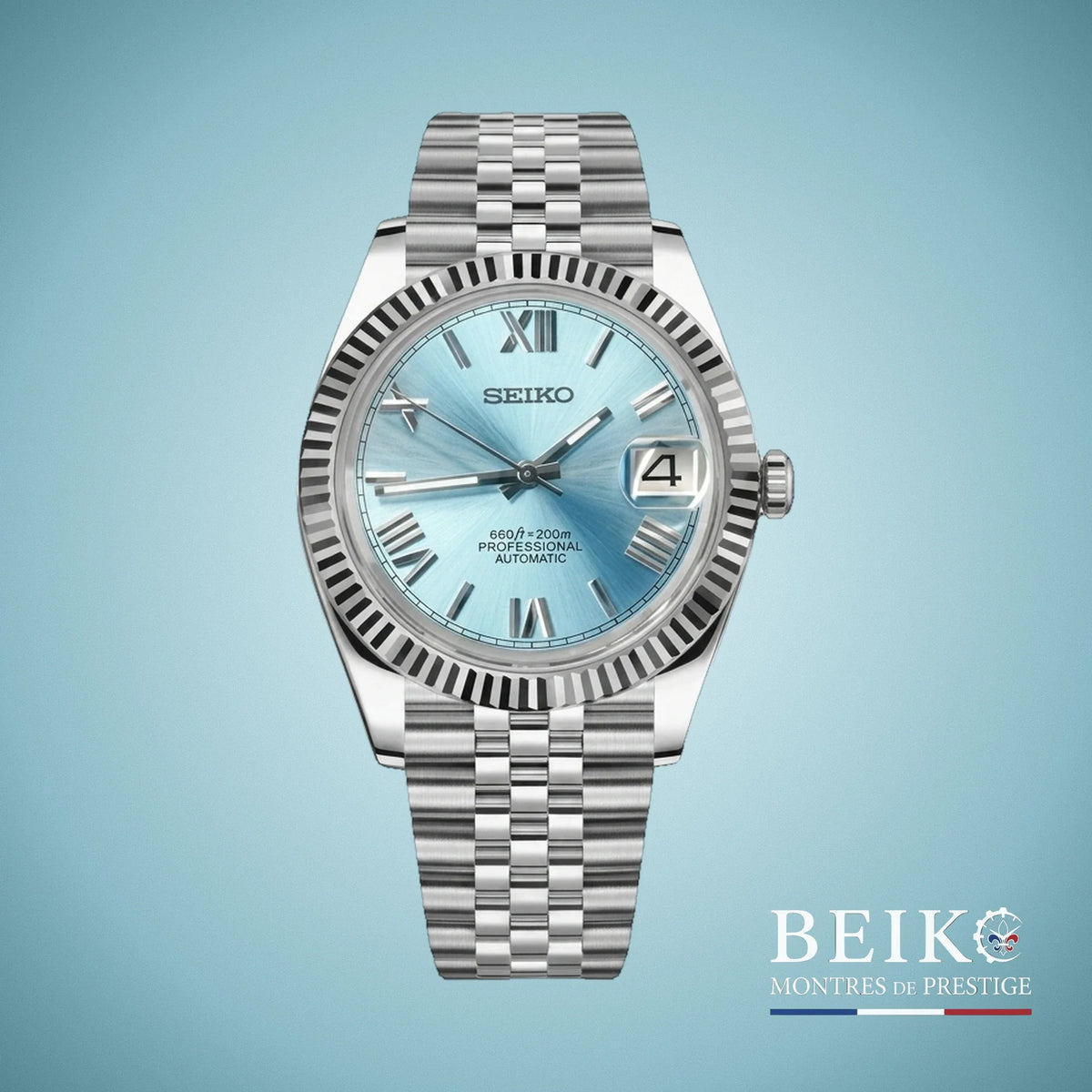 Seiko Mod Datejust, chiffres romains bleu glace — montre automatique japonais NH35, verre saphir, boîtier acier, Beiko