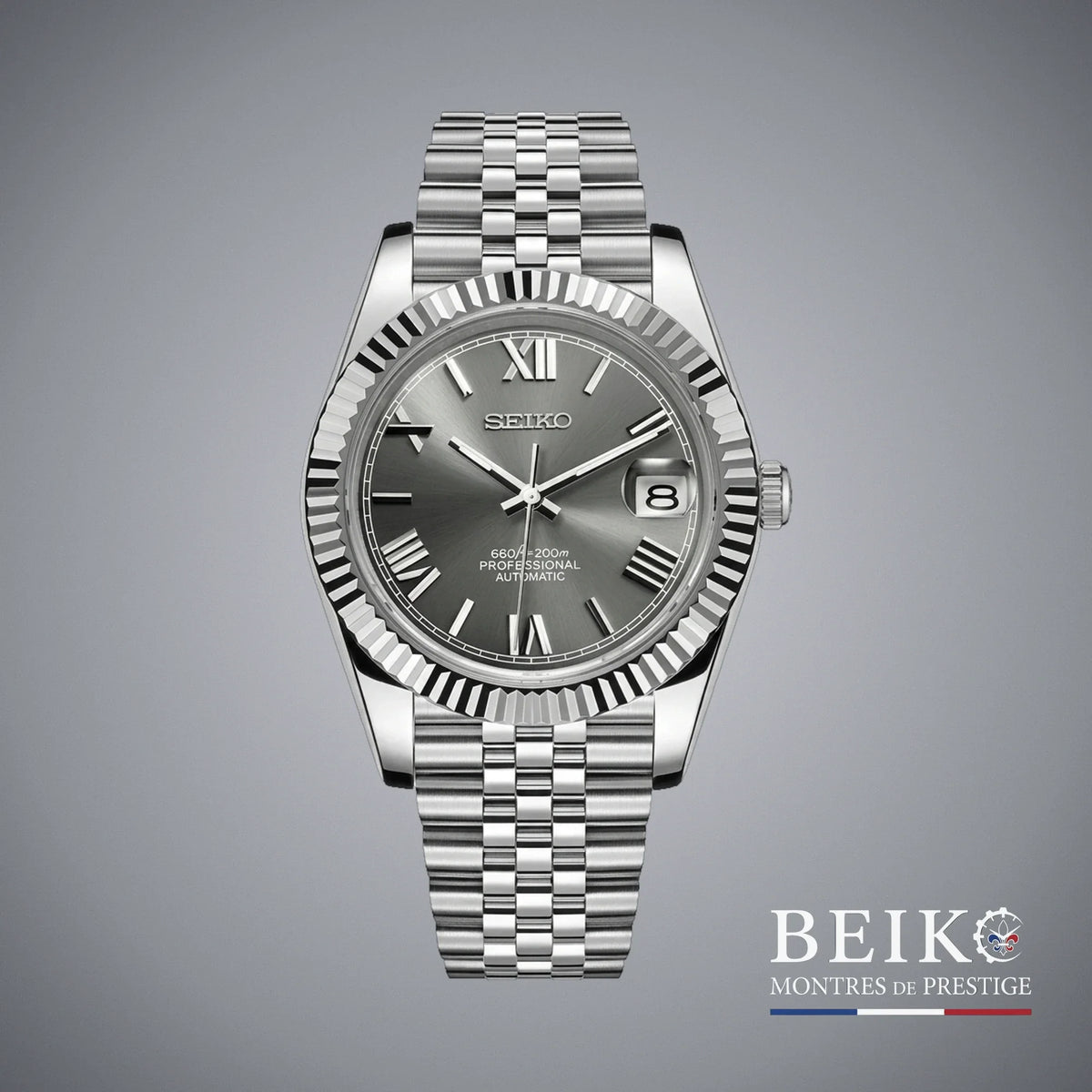 Seiko Mod Datejust, chiffres romains gris — montre automatique japonais NH35, verre saphir, boîtier acier, Beiko
