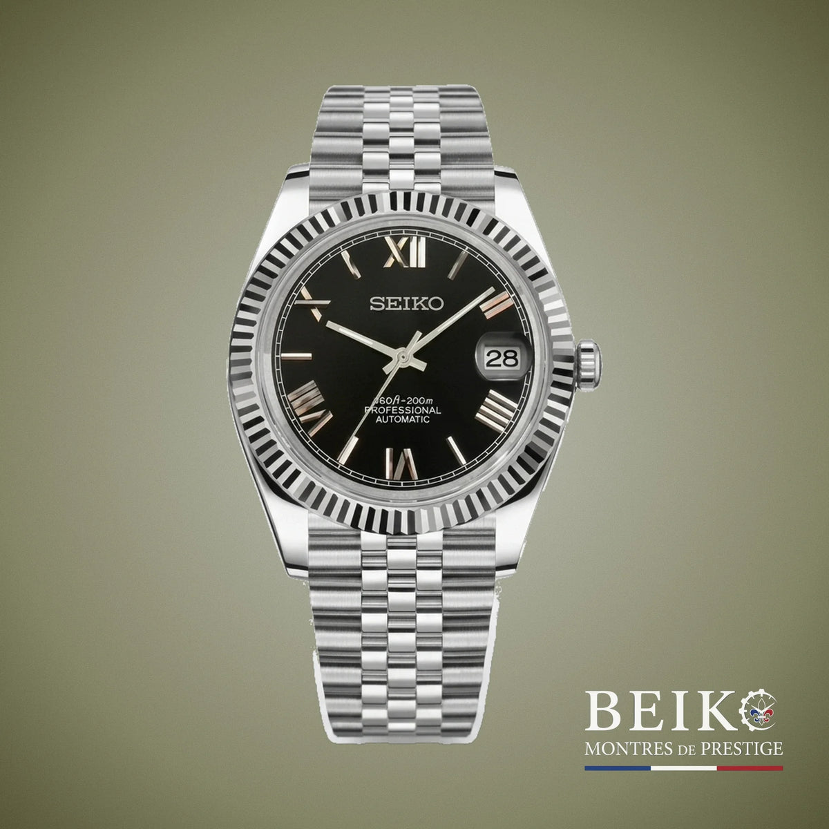 Seiko Mod Datejust, chiffres romains noir — montre automatique japonais NH35, verre saphir, boîtier acier, Beiko