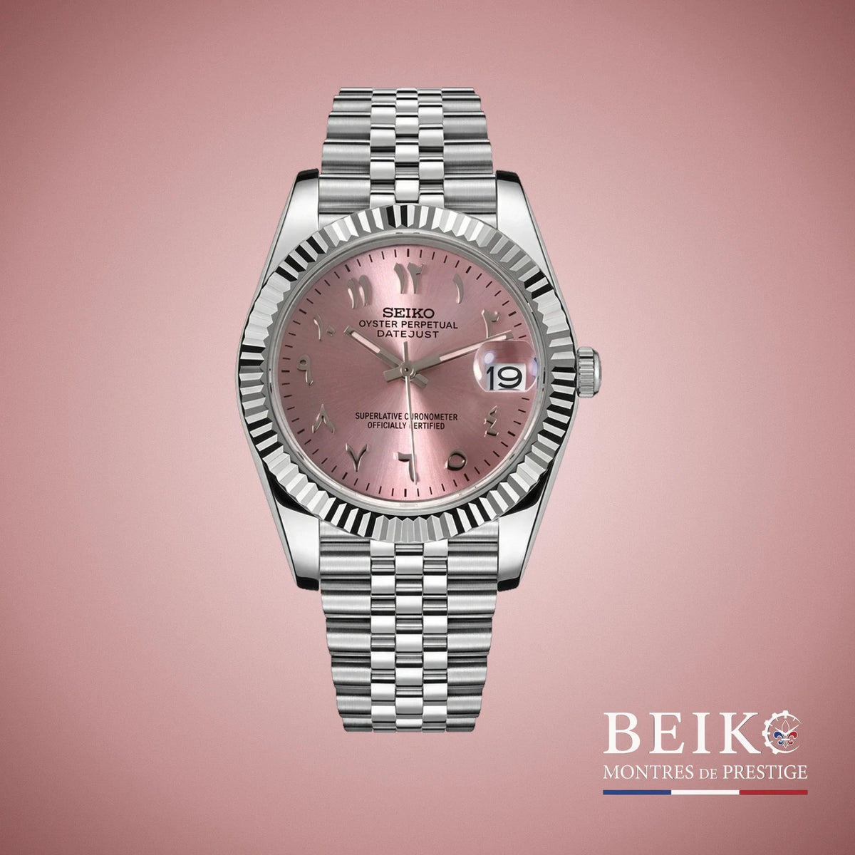 Seiko Mod Datejust, chiffres romains rose — montre automatique japonais NH35, verre saphir, boîtier acier, Beiko