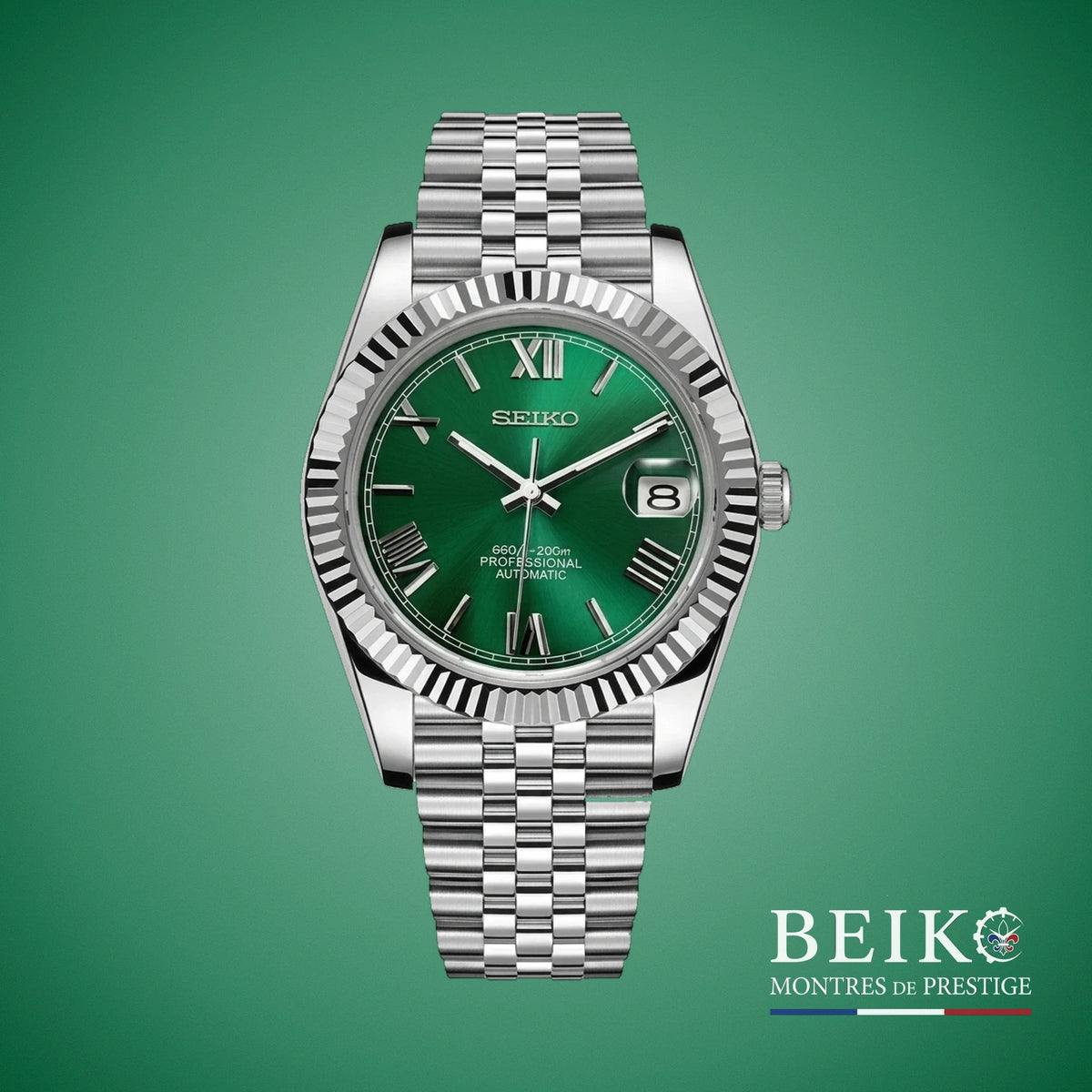 Seiko Mod Datejust, chiffres romains vert — montre automatique japonais NH35, verre saphir, boîtier acier, Beiko