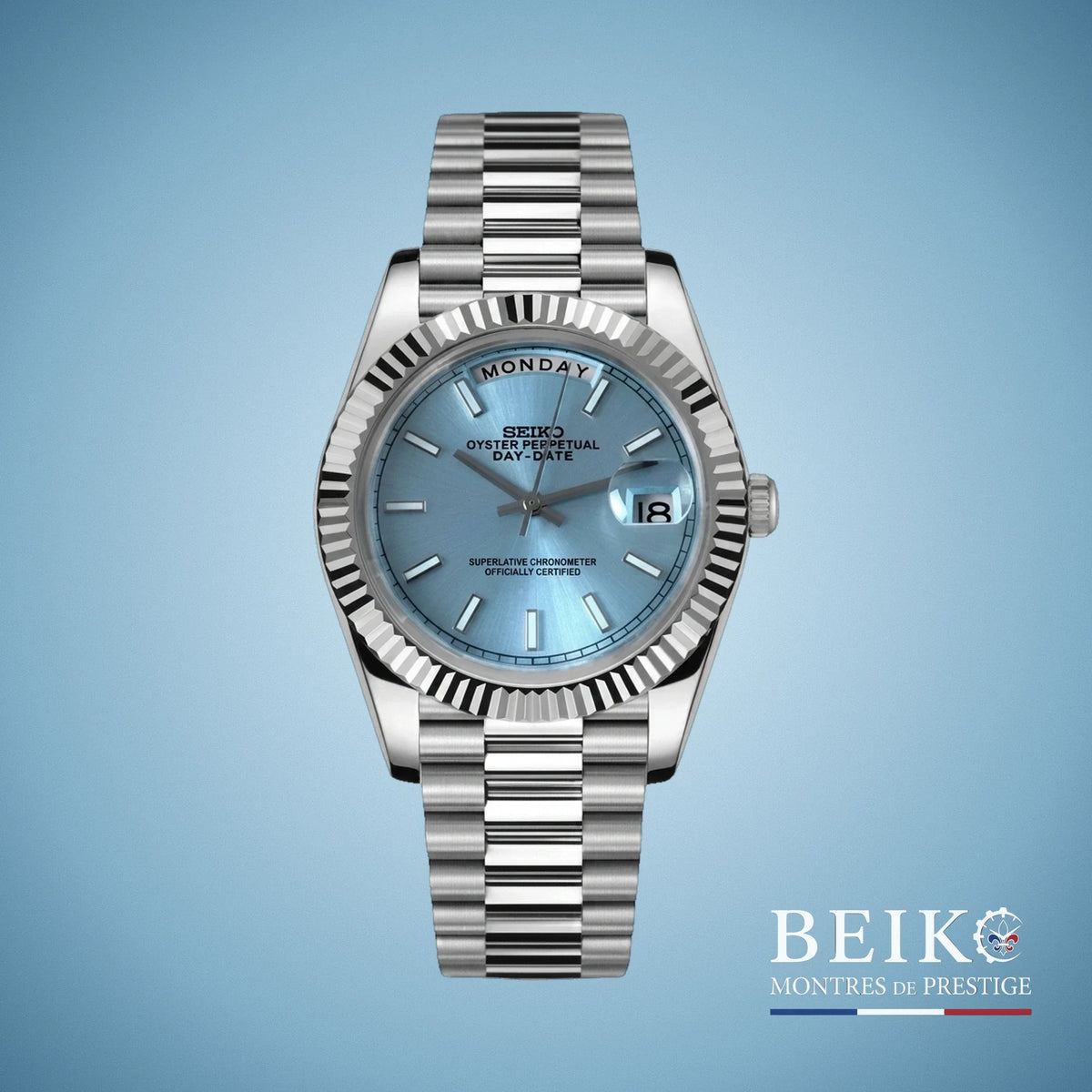 Seiko Mod Datejust, complication day date bleu glace miyota — montre automatique NH35, verre saphir, boîtier acier, Beiko