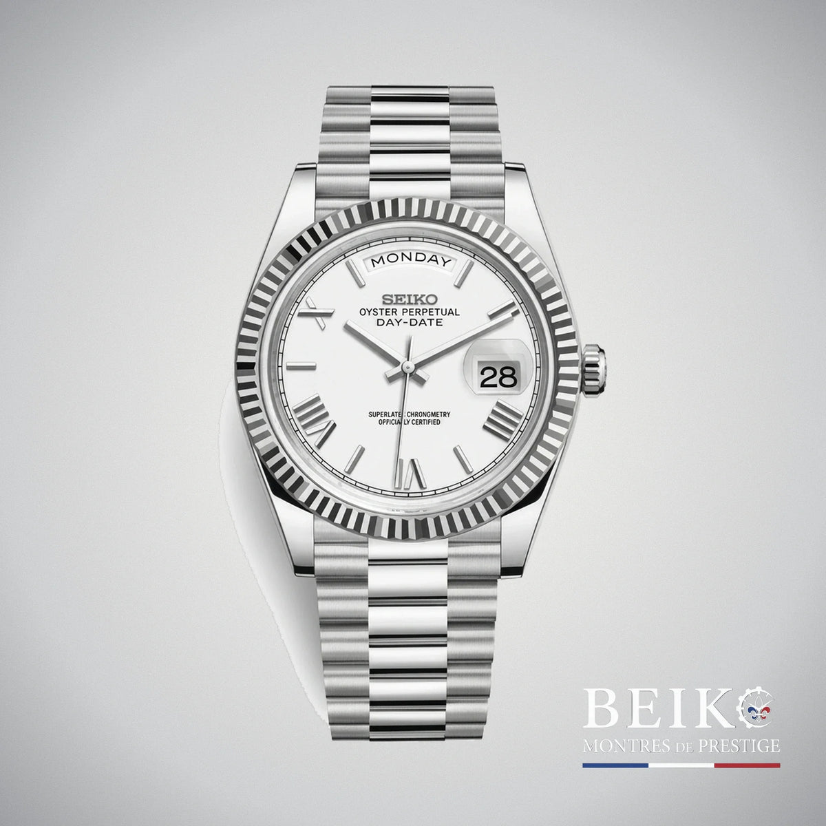 Seiko Mod Datejust, complication day date chiffres romains blanc miyota — montre automatique NH35, verre saphir, boîtier acier, Beiko