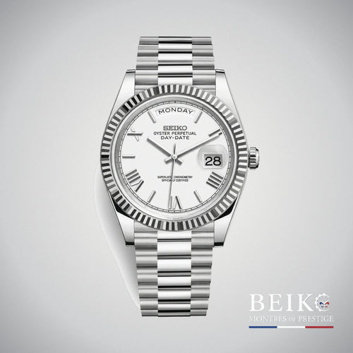 Seiko Mod Datejust, complication day date chiffres romains blanc miyota — montre automatique NH35, verre saphir, boîtier acier, Beiko