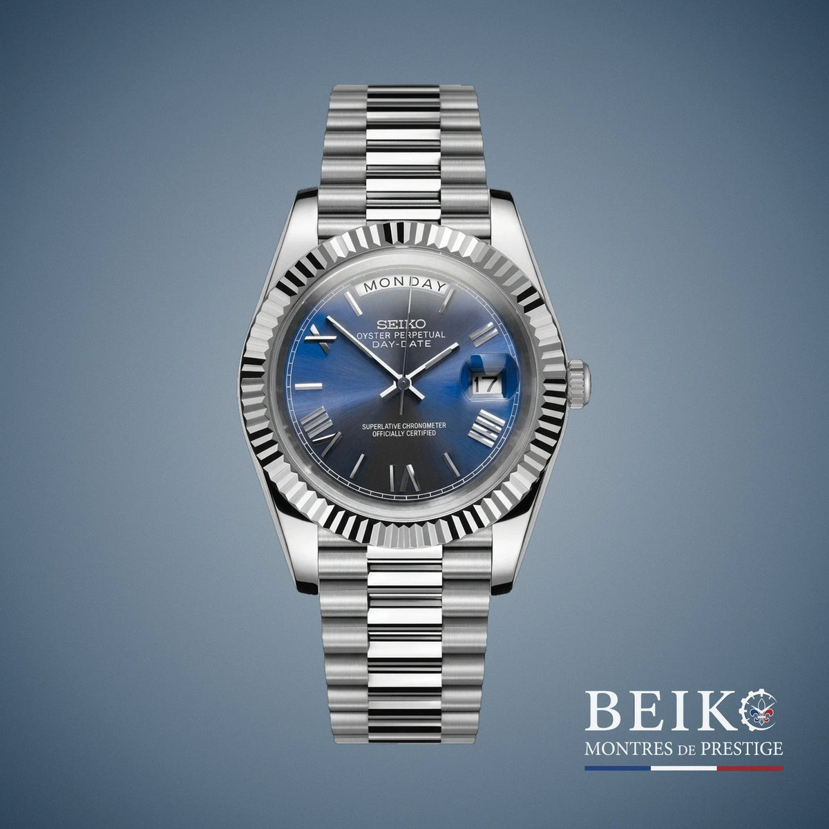 Seiko Mod Datejust, complication day date chiffres romains bleu miyota — montre automatique NH35, verre saphir, boîtier acier, Beiko