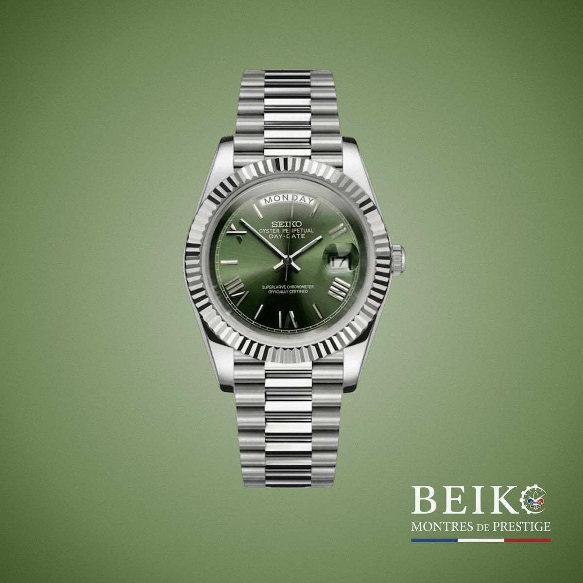 Seiko Mod Datejust, complication day date chiffres romains vert miyota — montre automatique NH35, verre saphir, boîtier acier, Beiko