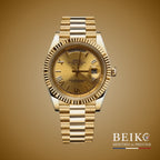 Seiko Mod Datejust, day date boîtier or jaune champagne miyota — montre automatique NH35, verre saphir, boîtier acier, Beiko