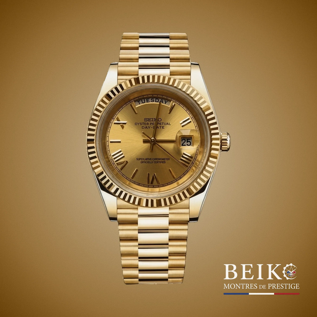 Seiko Mod Datejust, day date boîtier or jaune champagne miyota — montre automatique NH35, verre saphir, boîtier acier, Beiko
