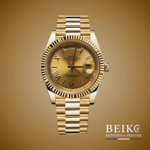 Seiko Mod Datejust, day date boîtier or jaune champagne miyota — montre automatique NH35, verre saphir, boîtier acier, Beiko