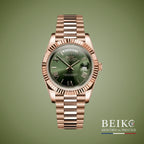 Seiko Mod Datejust, day date boîtier or rose chiffres romains vert miyota — montre automatique NH35, verre saphir, boîtier acier, Beiko