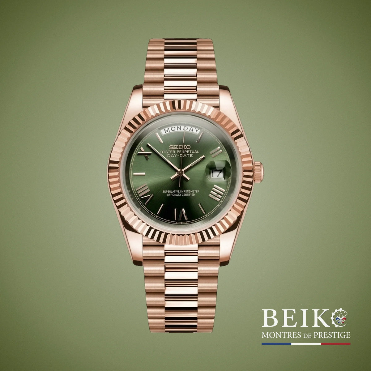 Seiko Mod Datejust, day date boîtier or rose chiffres romains vert miyota — montre automatique NH35, verre saphir, boîtier acier, Beiko