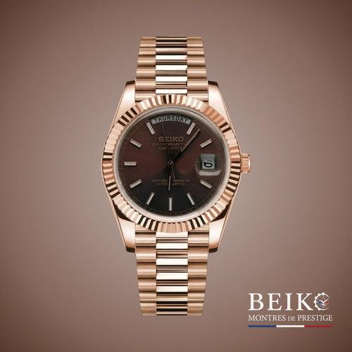 Seiko Mod Datejust, day date boîtier or rose chocolat miyota — montre automatique NH35, verre saphir, boîtier acier, Beiko