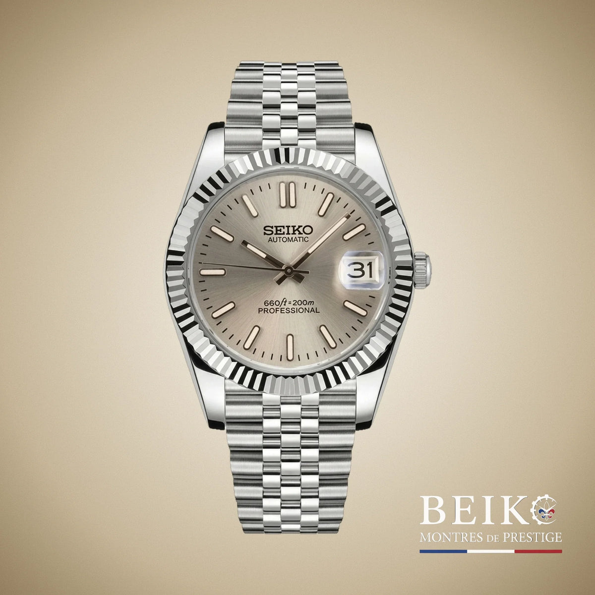 Seiko Mod Datejust, index bâton argent — montre automatique japonais NH35, verre saphir, boîtier acier, Beiko