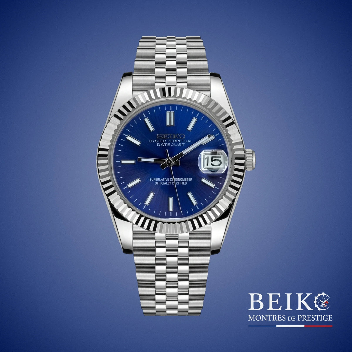 Seiko Mod Datejust, index bâton bleu — montre automatique japonais NH35, verre saphir, boîtier acier, Beiko