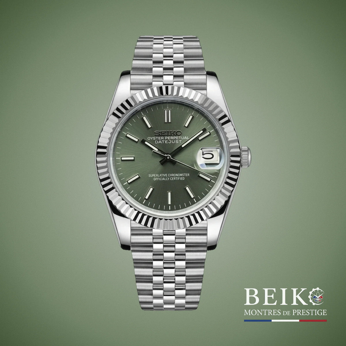 Seiko Mod Datejust, index bâton vert — montre automatique japonais NH35, verre saphir, boîtier acier, Beiko