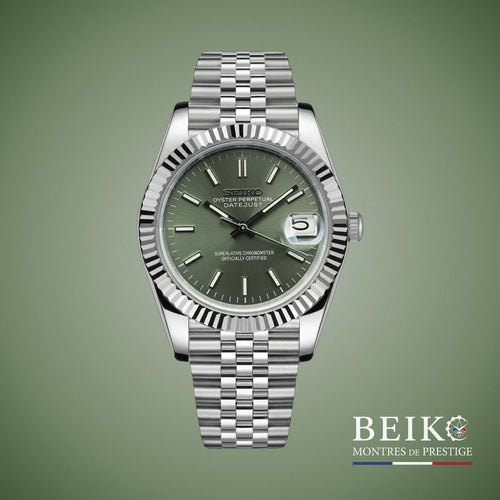 Seiko Mod Datejust, index bâton vert — montre automatique japonais NH35, verre saphir, boîtier acier, Beiko