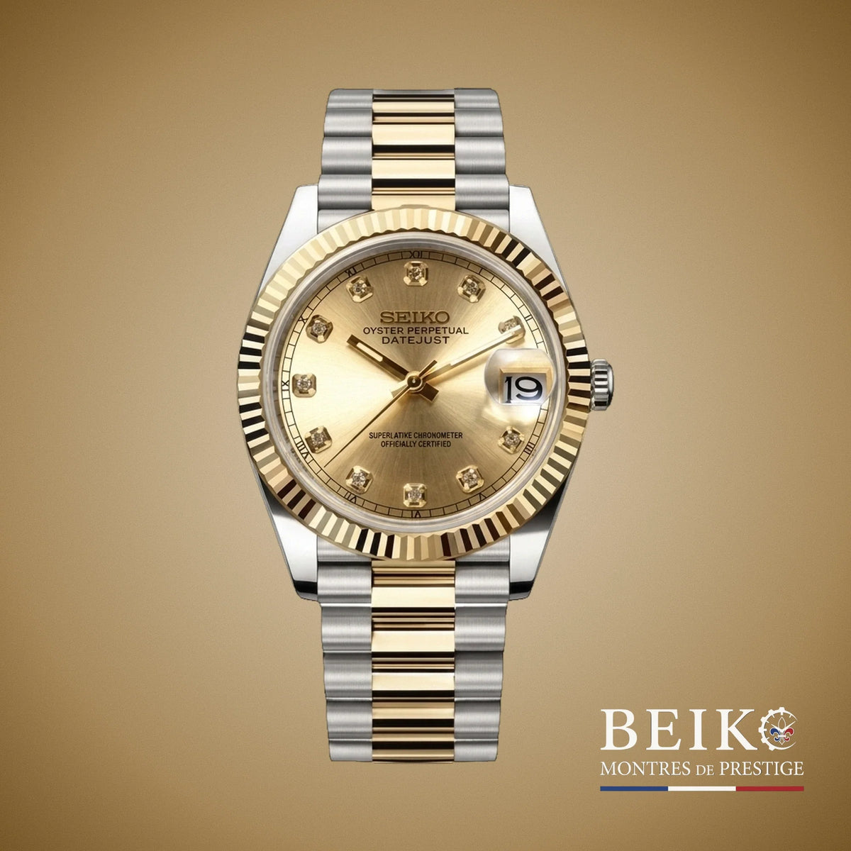 Seiko Mod Datejust, lunette sertie diamants boîtier bicolore champagne — montre automatique NH35, verre saphir, boîtier acier, Beiko
