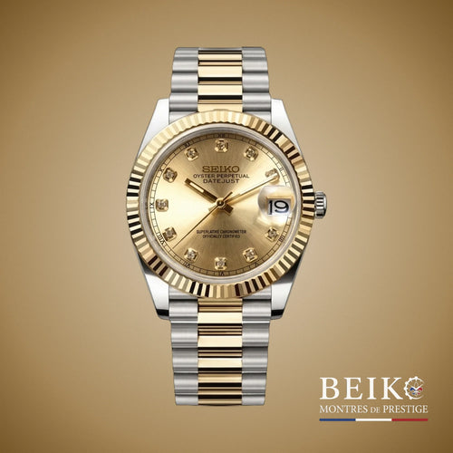 Seiko Mod Datejust, lunette sertie diamants boîtier bicolore champagne — montre automatique NH35, verre saphir, boîtier acier, Beiko