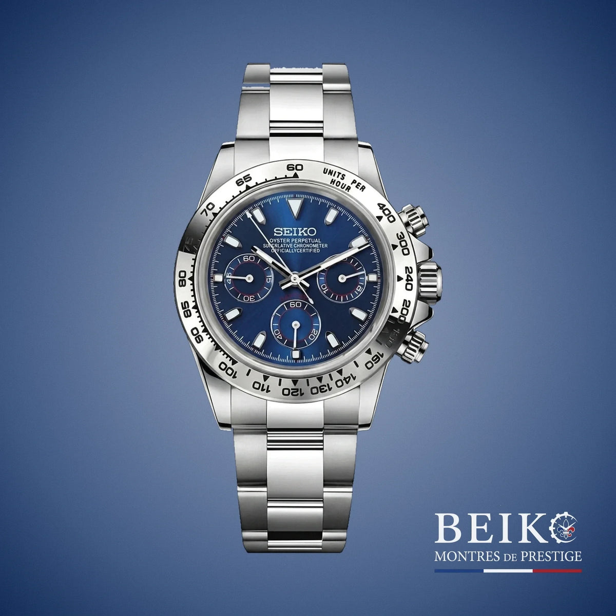 Seiko Mod Daytona, boîtier acier bleu — montre méca-quartz VK63, verre saphir, boîtier acier, Beiko