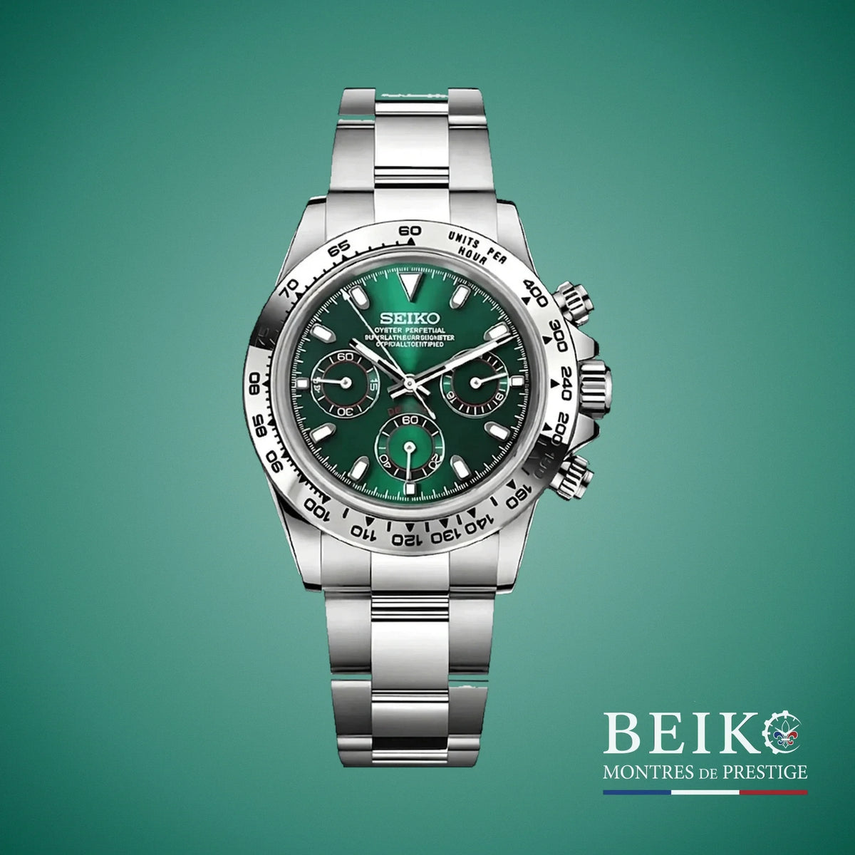 Seiko Mod Daytona, boîtier acier vert — montre méca-quartz VK63, verre saphir, boîtier acier, Beiko