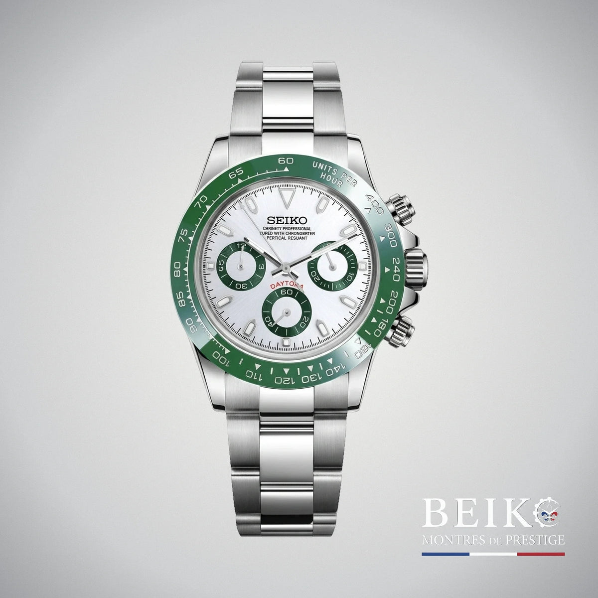 Seiko Mod Daytona, lunette verte blanc — montre méca-quartz VK63, verre saphir, boîtier acier, Beiko