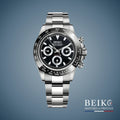 Seiko Mod Daytona, vue fond de boite noir — montre méca-quartz VK63, verre saphir, boîtier acier, Beiko