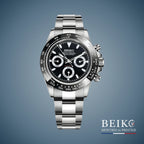 Seiko Mod Daytona, vue fond de boite noir — montre méca-quartz VK63, verre saphir, boîtier acier, Beiko