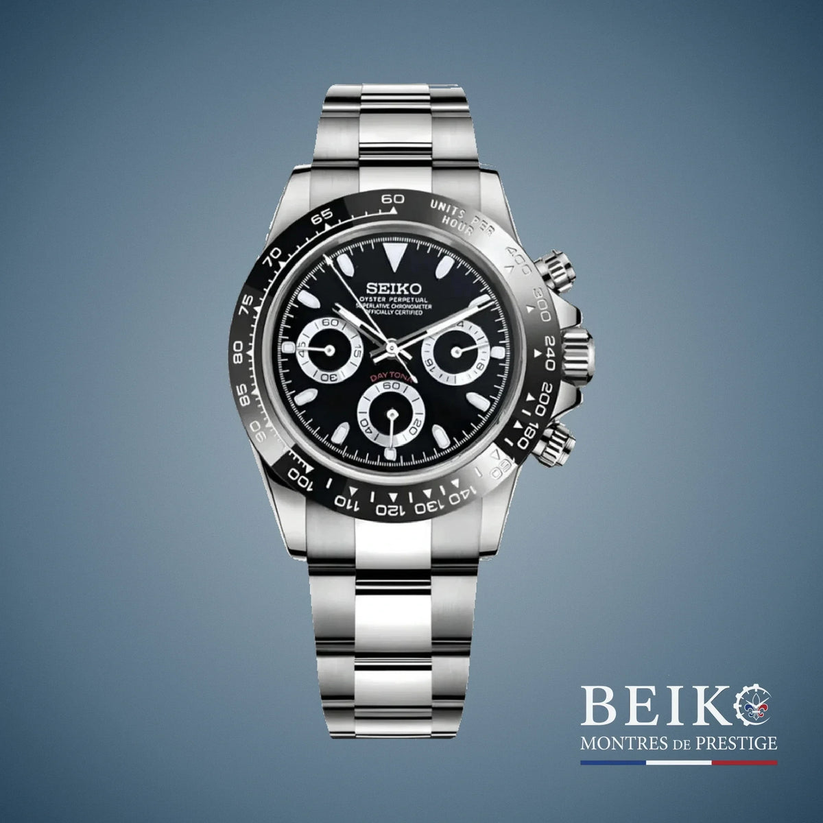 Seiko Mod Daytona, vue fond de boite noir — montre méca-quartz VK63, verre saphir, boîtier acier, Beiko