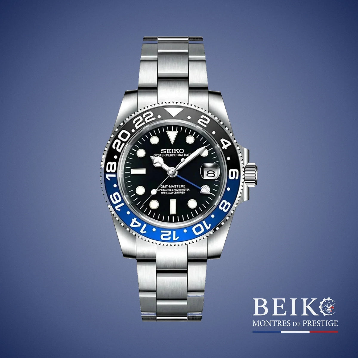 Seiko Mod GMT-Master, lunette bicolore batman noir bleu — montre automatique NH34, verre saphir, boîtier acier, Beiko