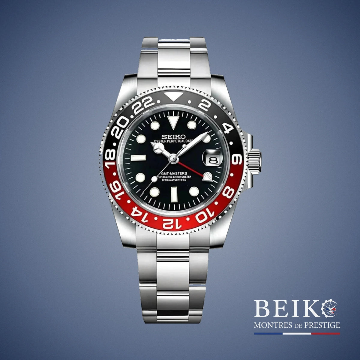 Seiko Mod GMT-Master, lunette bicolore coke noir rouge — montre automatique NH34, verre saphir, boîtier acier, Beiko