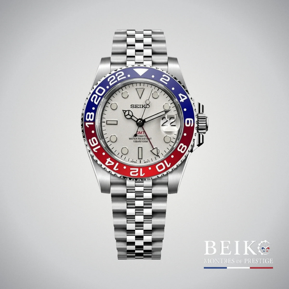 Seiko Mod GMT-Master, lunette bicolore pepsi bleu rouge argent — montre automatique NH34, verre saphir, boîtier acier, Beiko