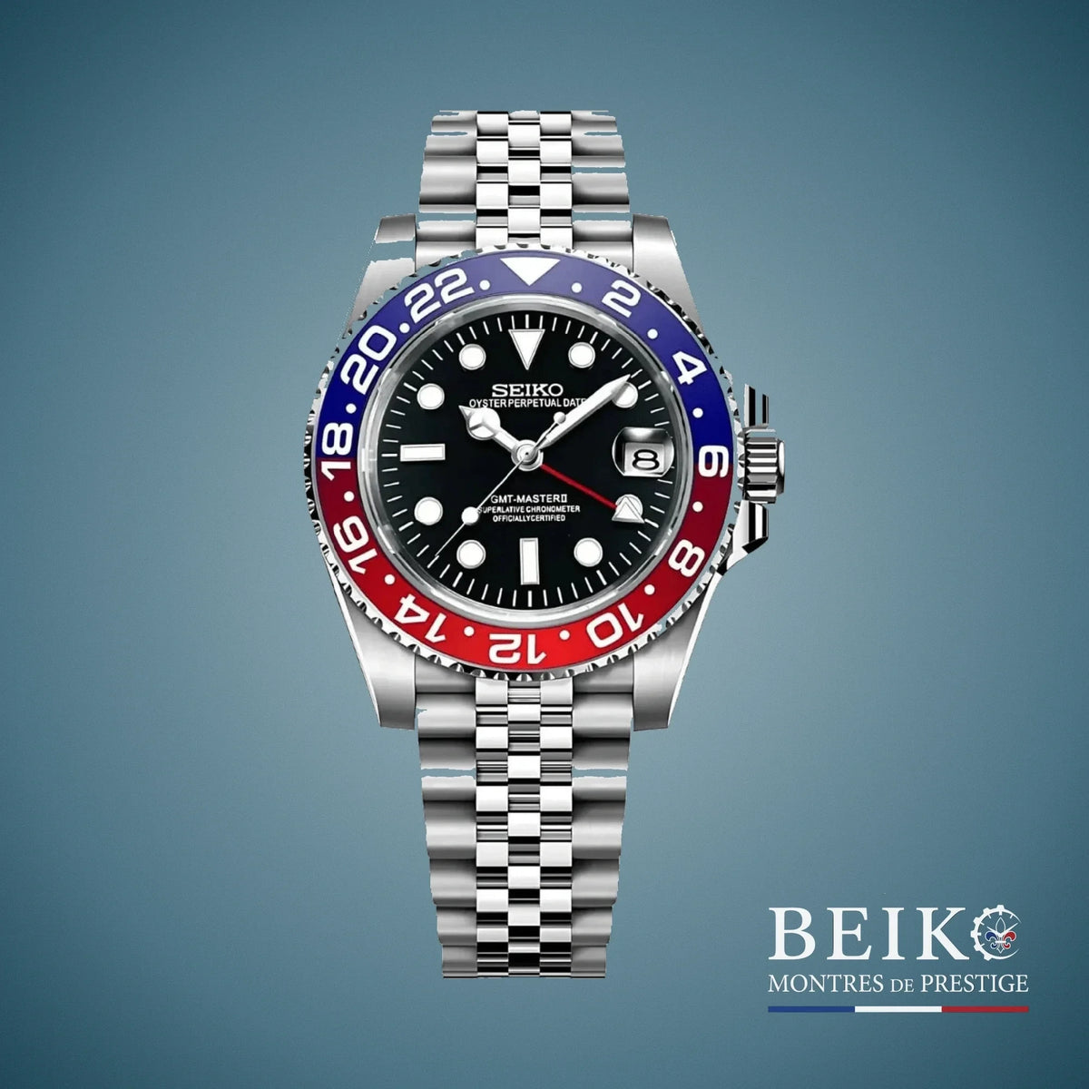 Seiko Mod GMT-Master, lunette bicolore pepsi bleu rouge noir — montre automatique NH34, verre saphir, boîtier acier, Beiko