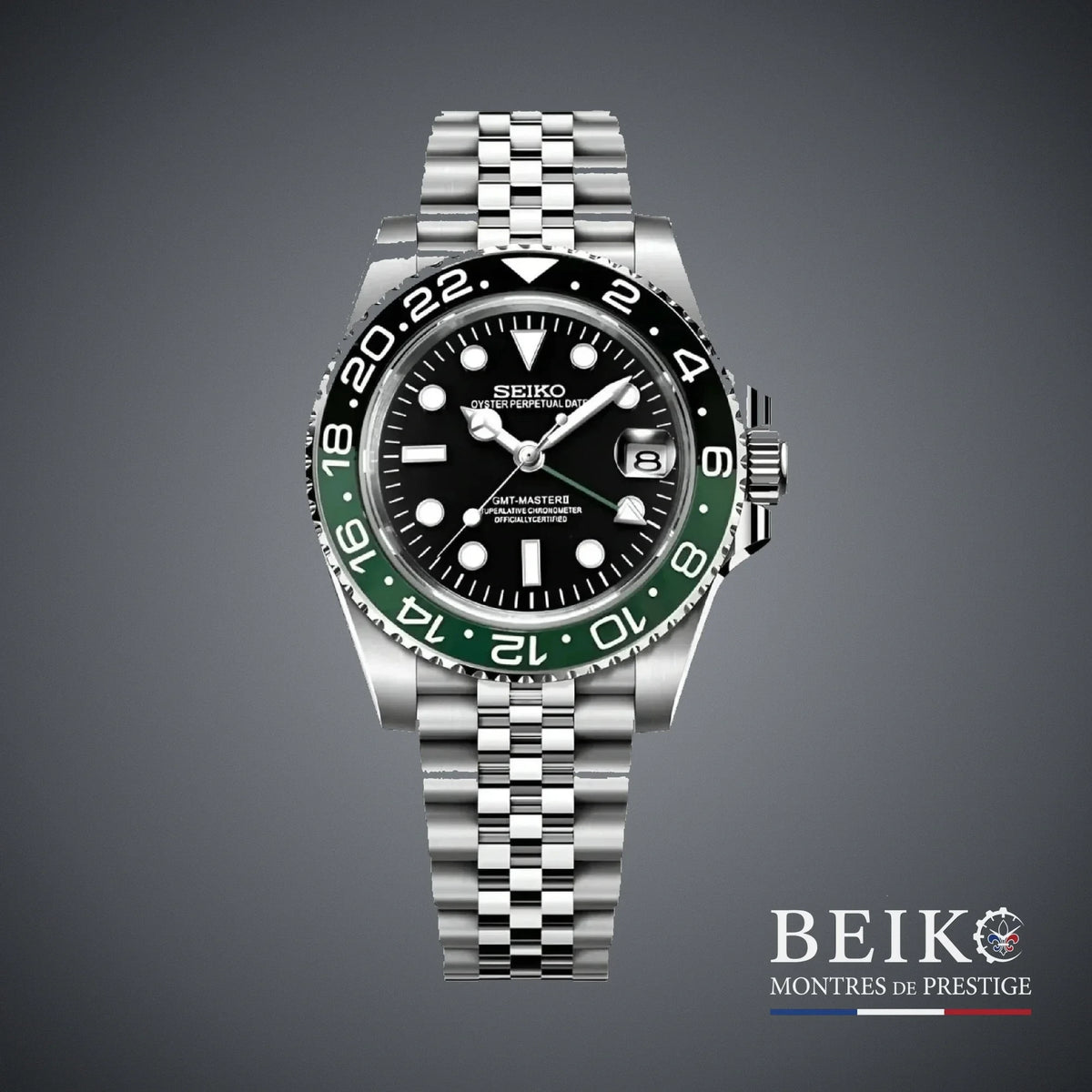 Seiko Mod GMT-Master, lunette bicolore starbucks noir vert — montre automatique NH34, verre saphir, boîtier acier, Beiko