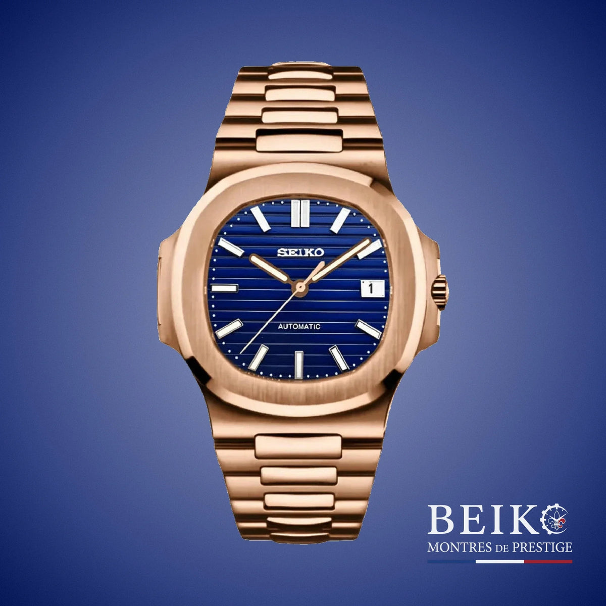 Seiko Mod Nautilus, boîtier or rose bleu — montre automatique japonais NH35, verre saphir, boîtier acier, Beiko
