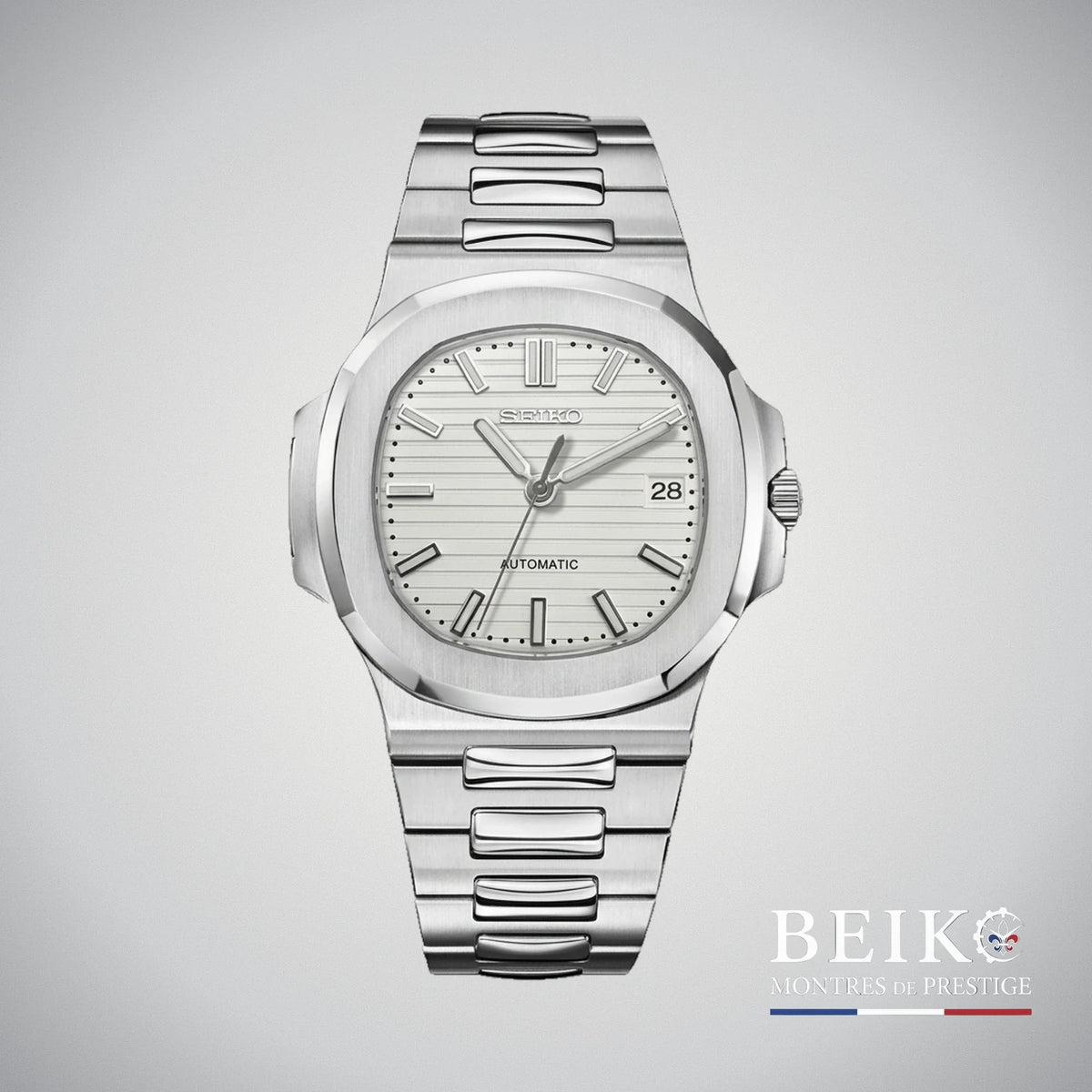 Seiko Mod Nautilus, cadran horizontal argent — montre automatique NH35, verre saphir, boîtier acier, Beiko
