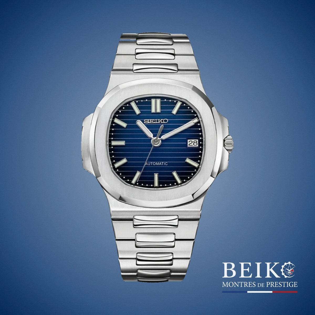 Seiko Mod Nautilus, cadran horizontal bleu nuit — montre automatique NH35, verre saphir, boîtier acier, Beiko