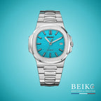 Seiko Mod Nautilus, cadran horizontal bleu Tiffany — montre automatique NH35, verre saphir, boîtier acier, Beiko