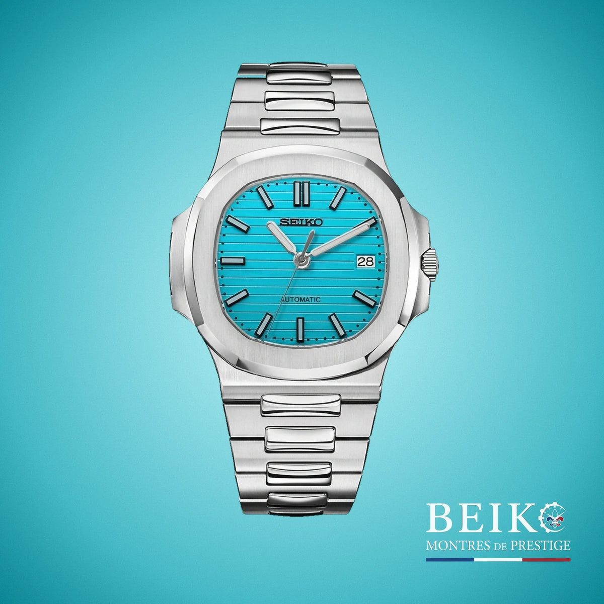 Seiko Mod Nautilus, cadran horizontal bleu Tiffany — montre automatique NH35, verre saphir, boîtier acier, Beiko