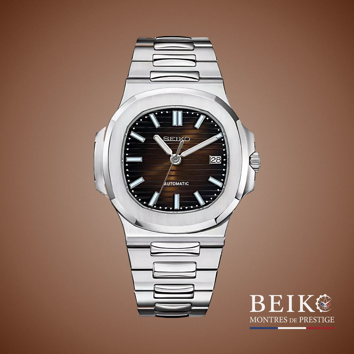 Seiko Mod Nautilus, cadran horizontal chocolat — montre automatique NH35, verre saphir, boîtier acier, Beiko