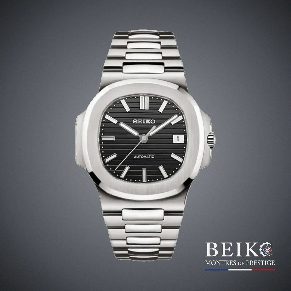 Seiko Mod Nautilus, cadran horizontal noir — montre automatique NH35, verre saphir, boîtier acier, Beiko