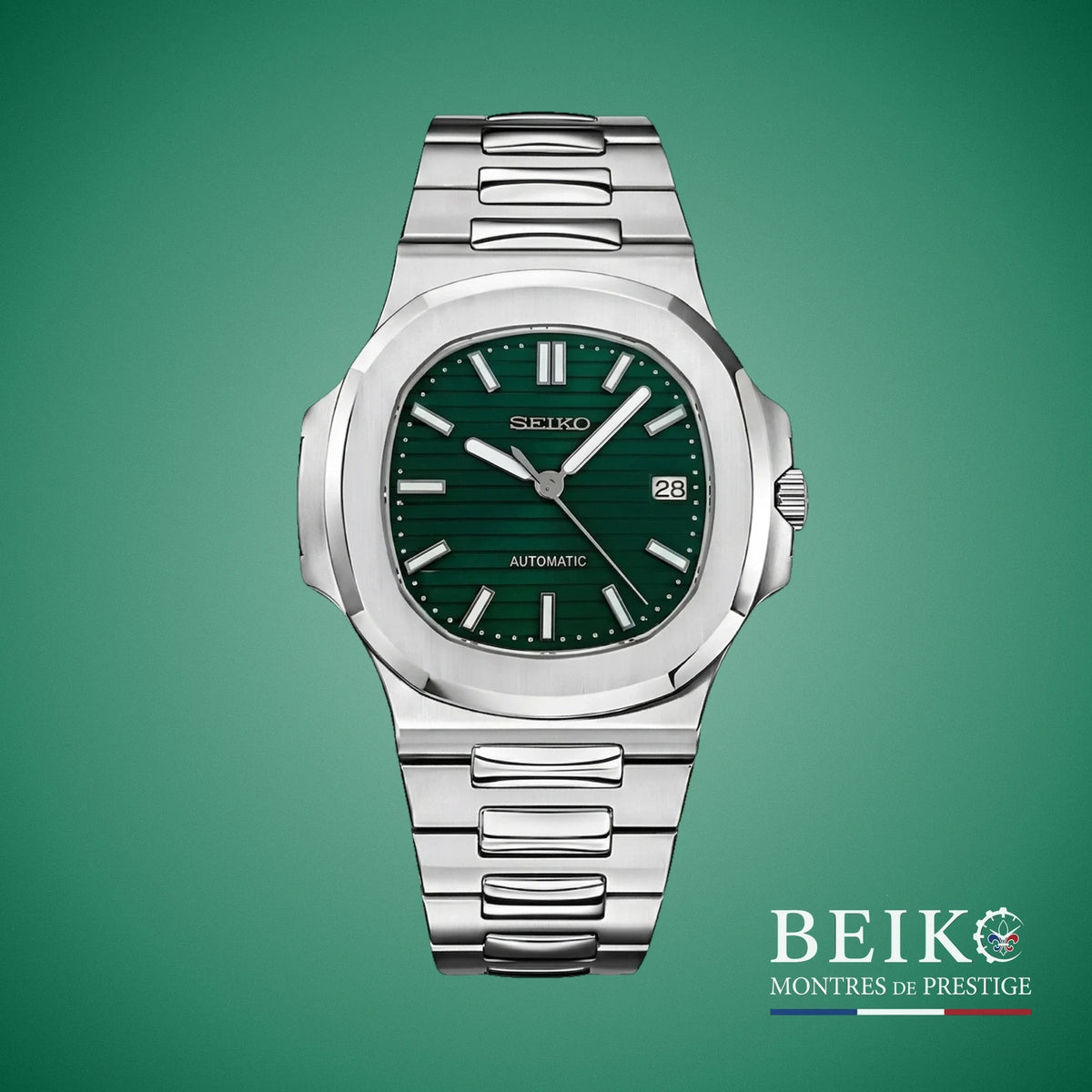 Seiko Mod Nautilus, cadran horizontal vert — montre automatique NH35, verre saphir, boîtier acier, Beiko