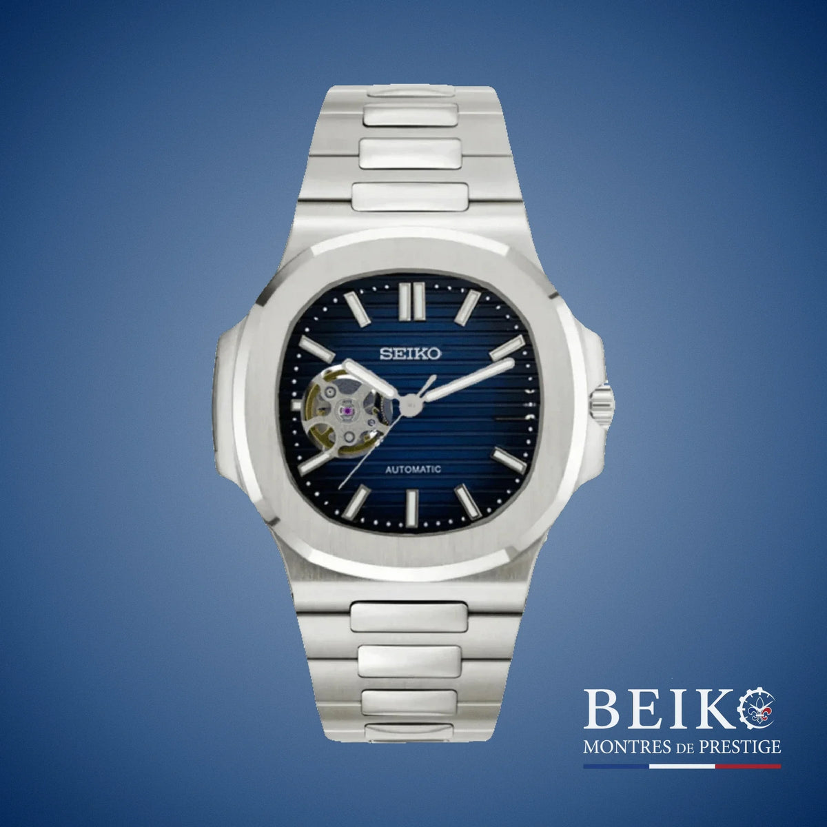 Seiko Mod Nautilus, cœur ouvert bleu — montre automatique NH35, verre saphir, boîtier acier, Beiko