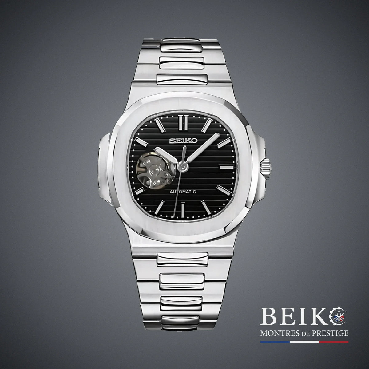 Seiko Mod Nautilus, cœur ouvert bleu nuit — montre automatique NH35, verre saphir, boîtier acier, Beiko