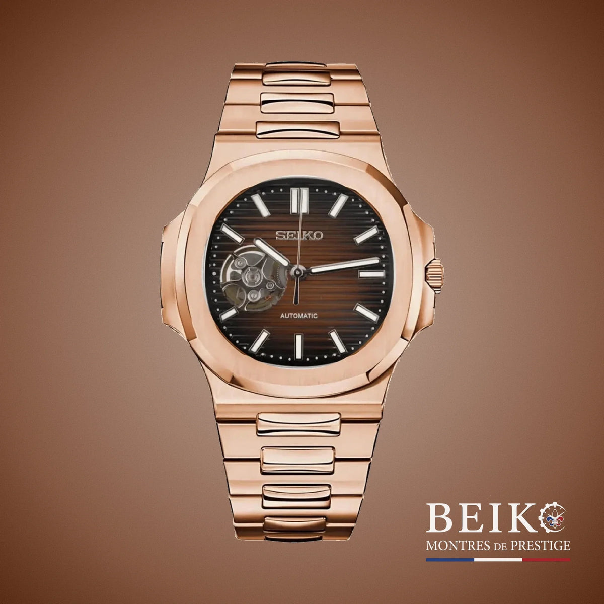 Seiko Mod Nautilus, cœur ouvert boîtier or rose chocolat — montre automatique NH35, verre saphir, boîtier acier, Beiko
